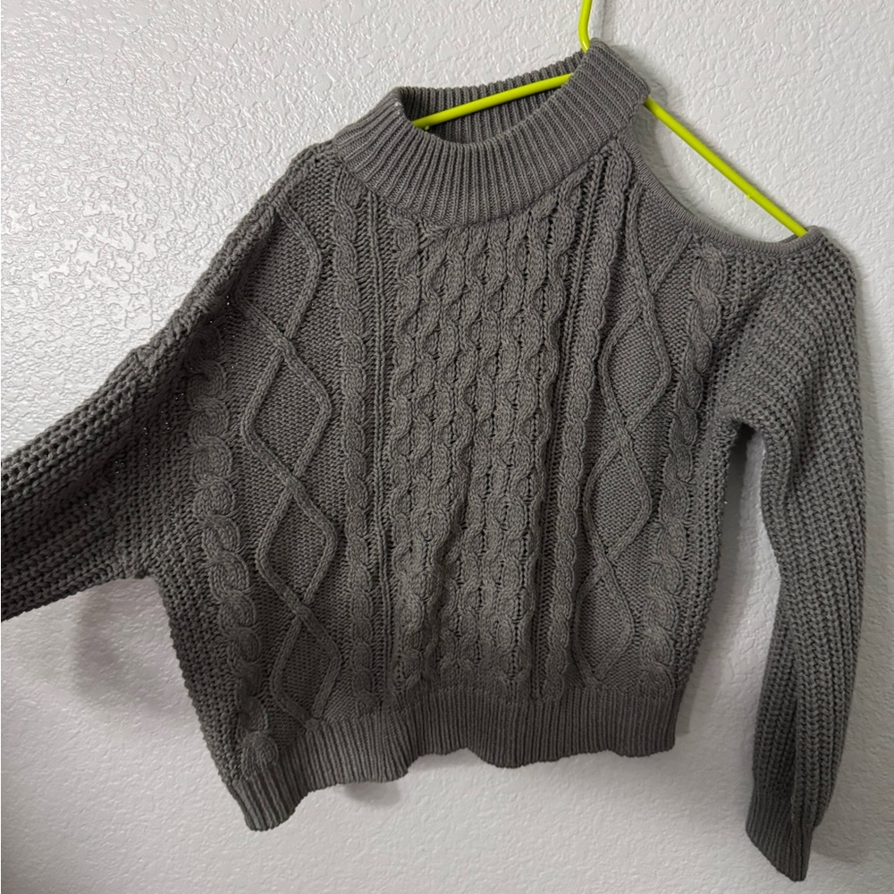 Gray Off-the-Shoulder Cable Knit Sweater